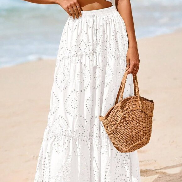 White Boho Women's Tiered Flowy Maxi Skirt with Lace Embroidery